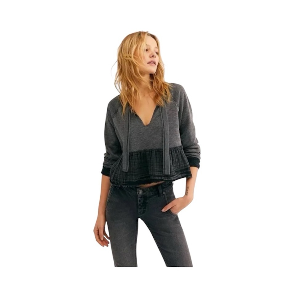 Free People Charcoal Gray Ruffle Hem Pullover Hoodie